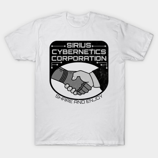 Sirius Cybernetics Corporation (black print, light distressing) T-Shirt by Stupiditee